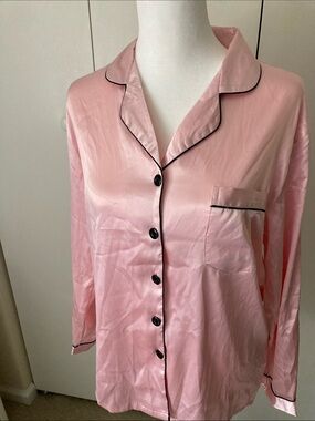 Satin Long-Sleeve Pajama Set in Pink with Contrast Piping
